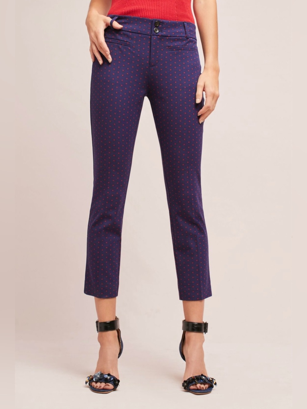 Anthropologie Essential Slim Navy Red Dot Cropped Trousers Size 10